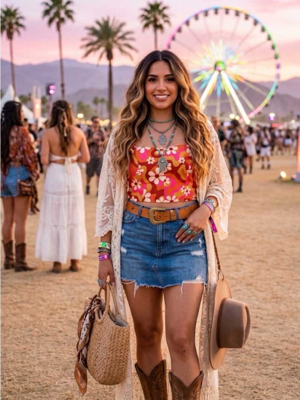 Current Mood Floral Tie-Strap Crop Top in Orange and Pink